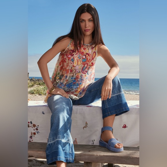 Johnny Was Mazzy Flared Floral Embroidered Sheer Mesh Tank Top XS No Slip - Picture 7 of 15